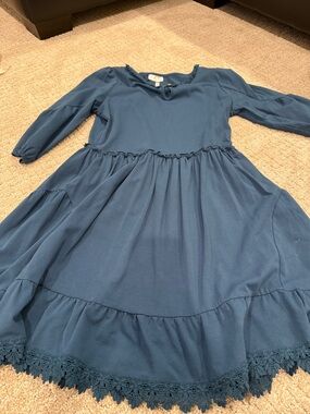 Matilda Jane Teal Blue Long Sleeve Dress with Crochet Hem